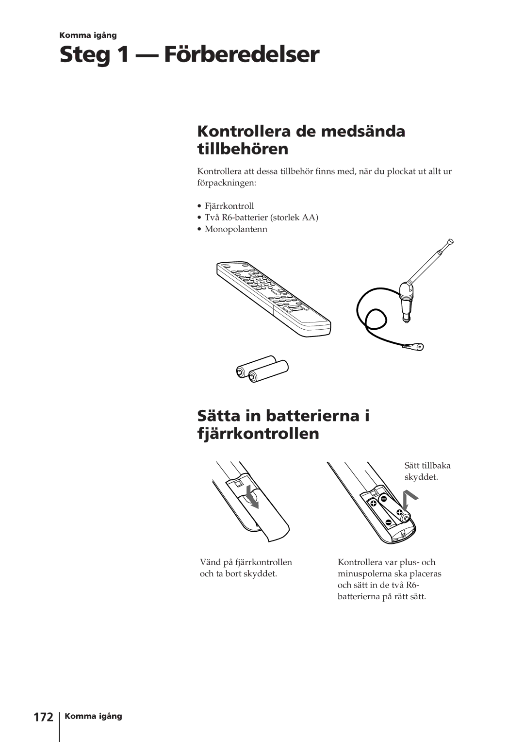 Sony KV-14V4D Steg 1 Förberedelser, Kontrollera de medsända tillbehören, Sätta in batterierna i fjärrkontrollen, 172 