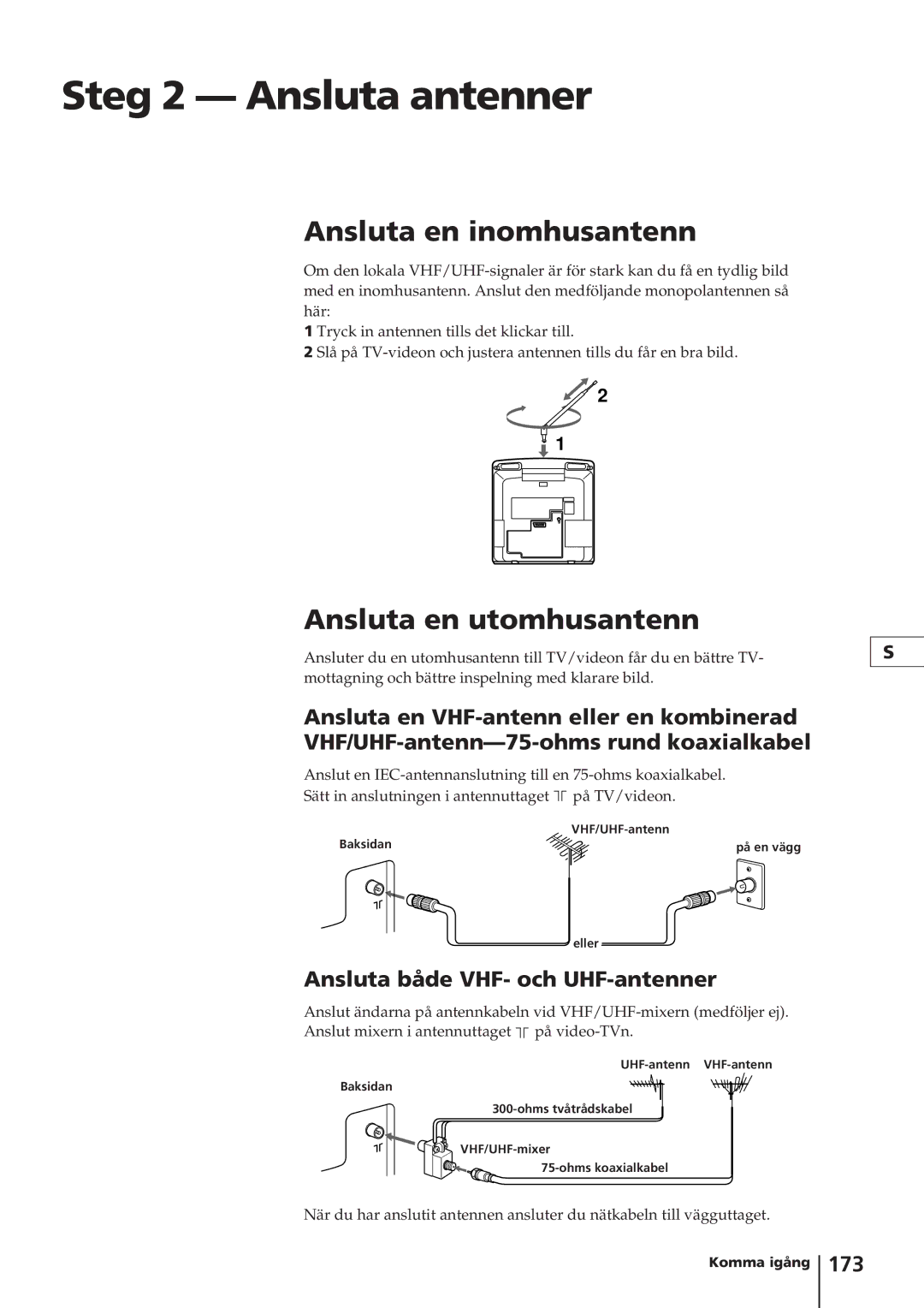 Sony KV-14V4D operating instructions Steg 2 Ansluta antenner, Ansluta en inomhusantenn, Ansluta en utomhusantenn, 173 