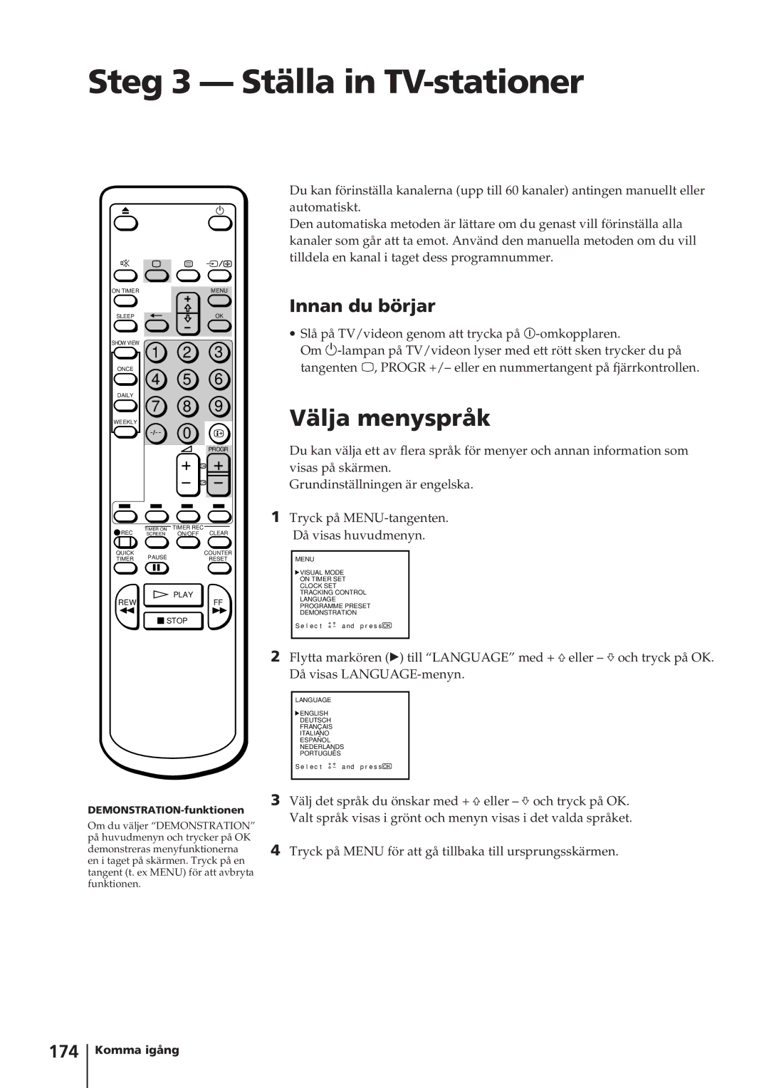 Sony KV-14V4D operating instructions Steg 3 Ställa in TV-stationer, Välja menyspråk, Innan du börjar, 174 