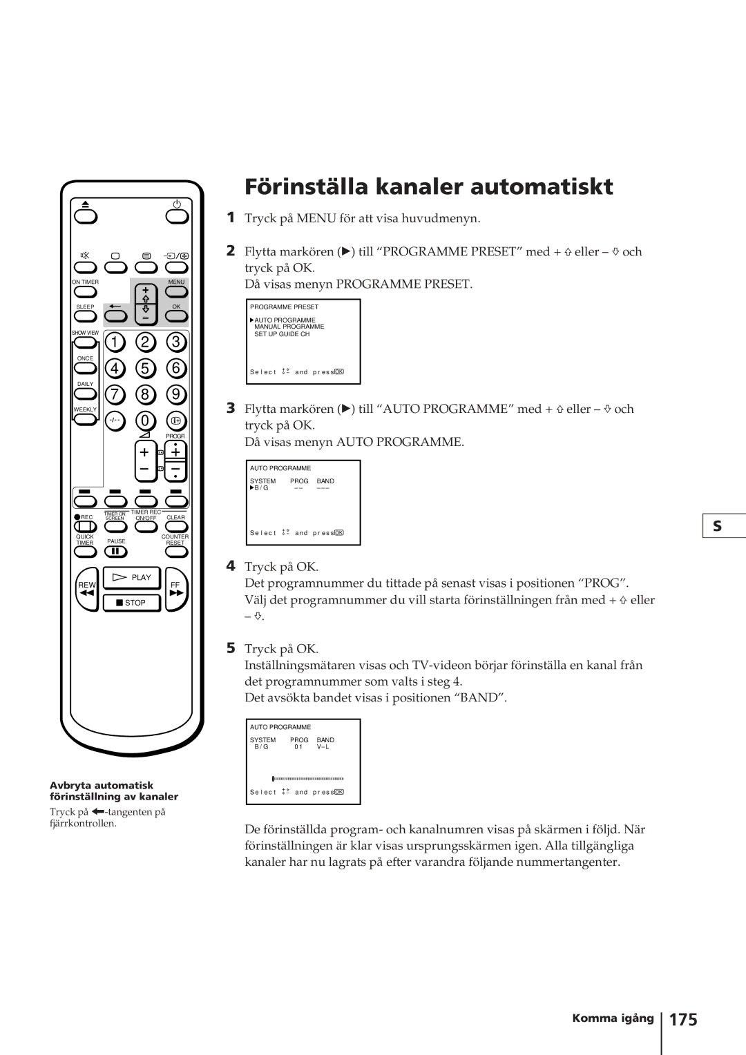 Sony KV-14V4D operating instructions Förinställa kanaler automatiskt, 175 