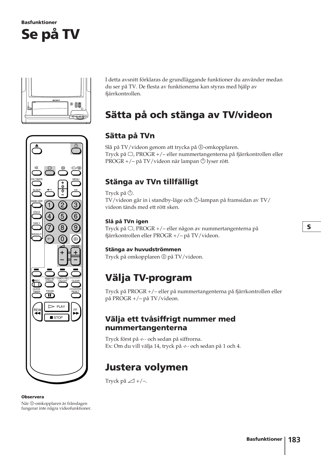 Sony KV-14V4D operating instructions Se på TV, Sätta på och stänga av TV/videon, Välja TV-program, Justera volymen 