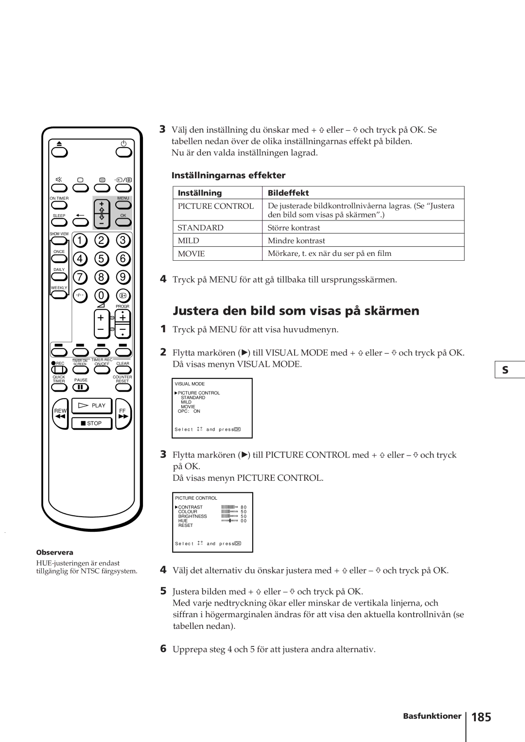 Sony KV-14V4D Justera den bild som visas på skärmen, 185, Inställningarnas effekter, Inställning Bildeffekt 