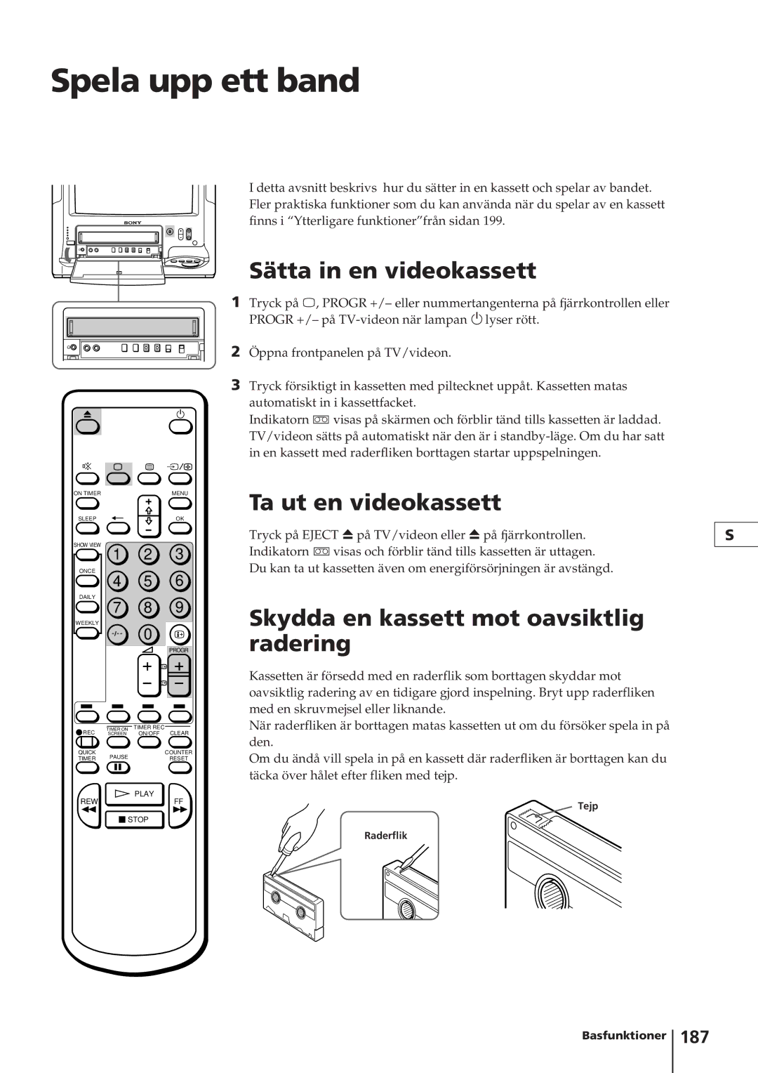 Sony KV-14V4D operating instructions Spela upp ett band, Sätta in en videokassett, Ta ut en videokassett, 187 