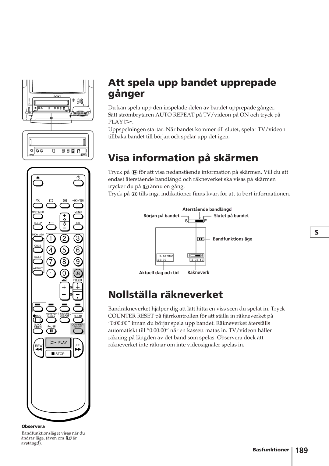 Sony KV-14V4D operating instructions Att spela upp bandet upprepade gånger, Nollställa räkneverket, 189 