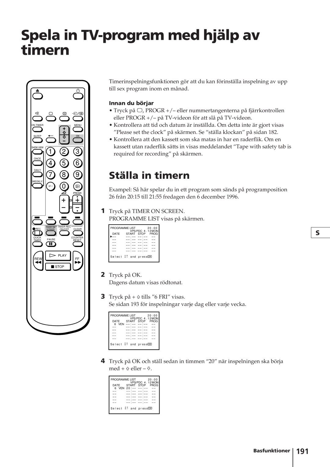 Sony KV-14V4D operating instructions Spela in TV-program med hjälp av timern, Ställa in timern, 191, Innan du börjar 