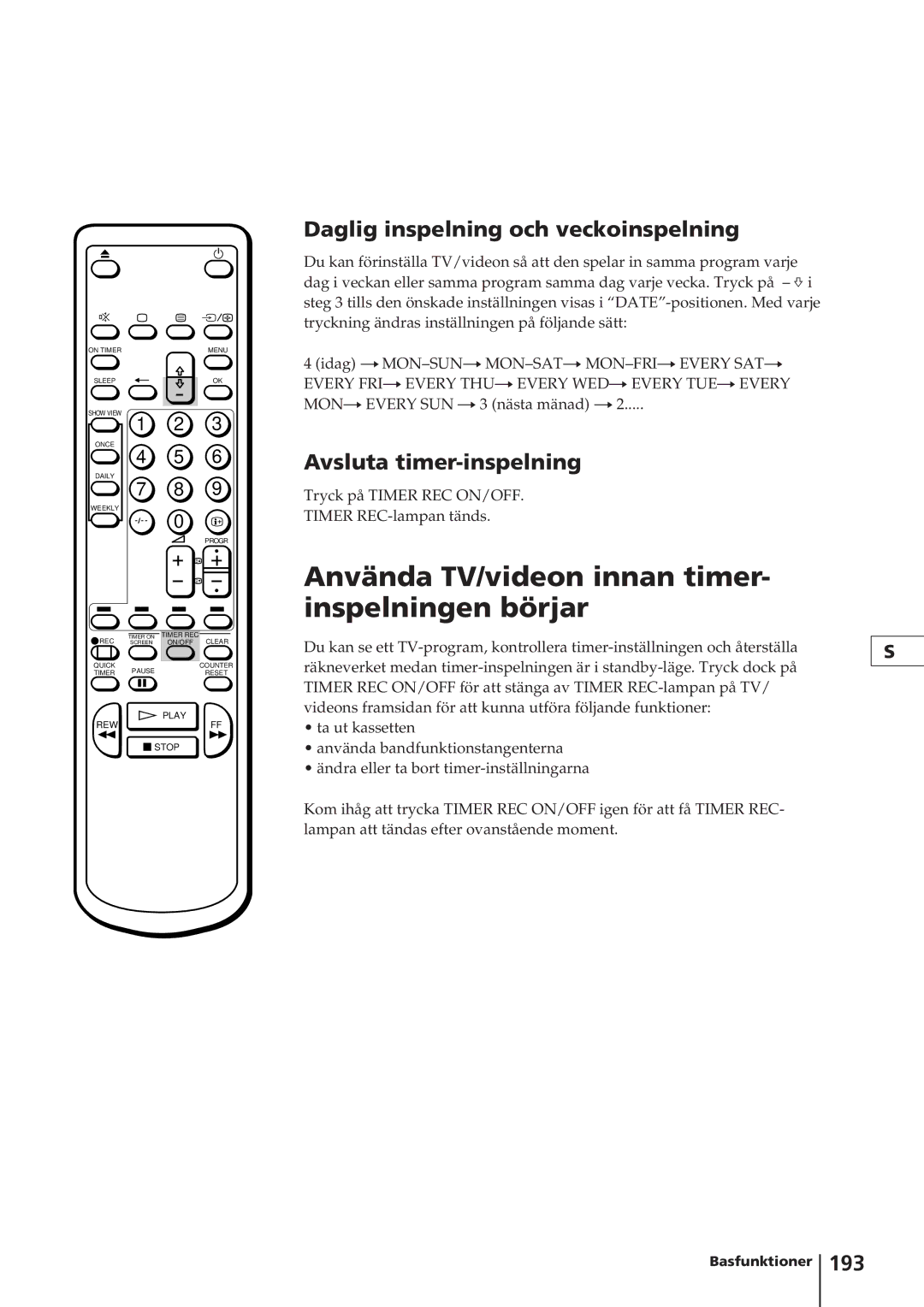 Sony KV-14V4D Använda TV/videon innan timer- inspelningen börjar, Daglig inspelning och veckoinspelning, 193 