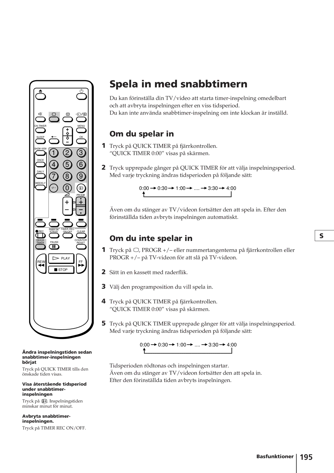 Sony KV-14V4D operating instructions Spela in med snabbtimern, Om du spelar, Om du inte spelar, 195 