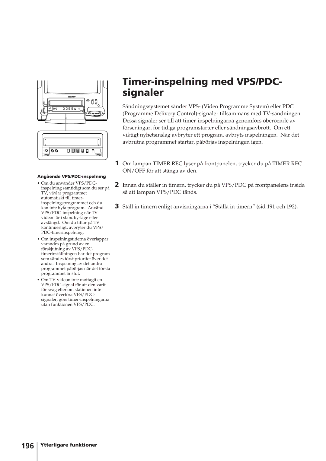 Sony KV-14V4D operating instructions Timer-inspelning med VPS/PDC- signaler, 196, Ytterligare funktioner 