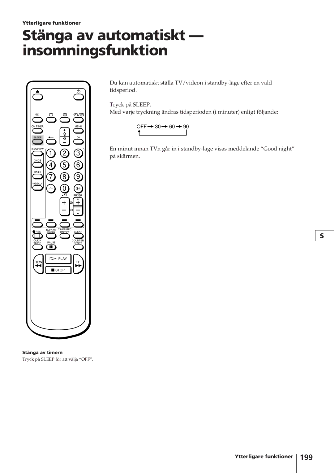 Sony KV-14V4D operating instructions Stänga av automatiskt insomningsfunktion, 199 