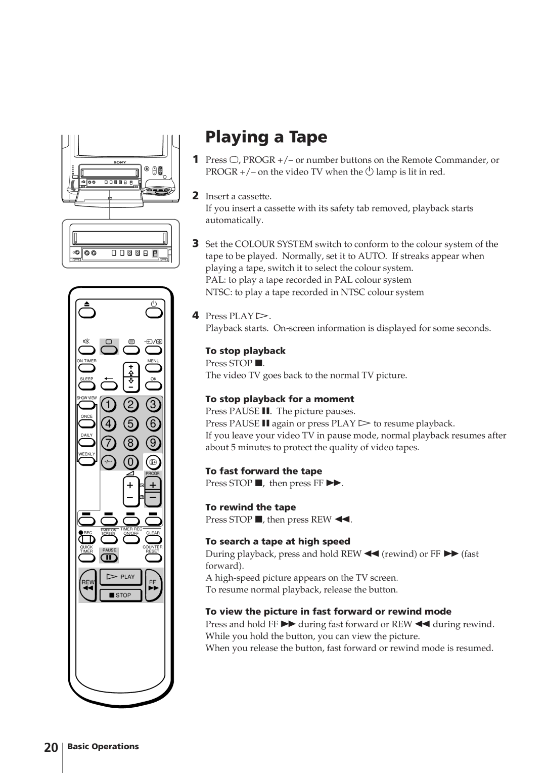 Sony KV-14V4D operating instructions Playing a Tape 