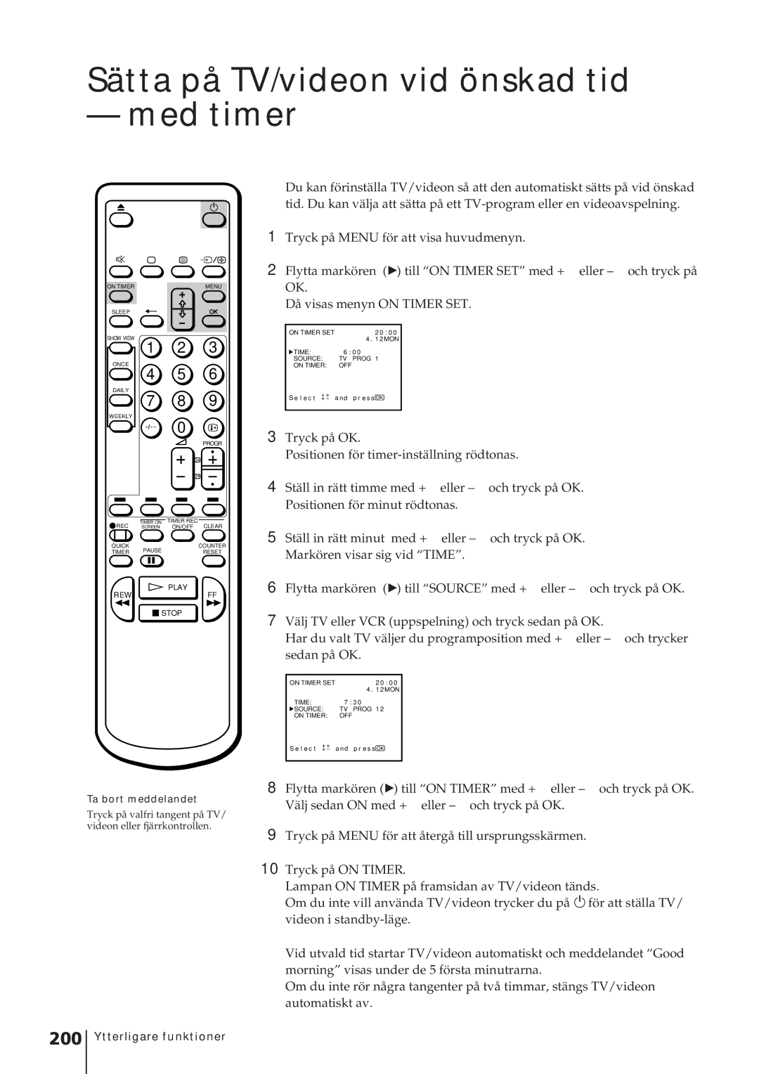 Sony KV-14V4D operating instructions Sätta på TV/videon vid önskad tid Med timer, 200 