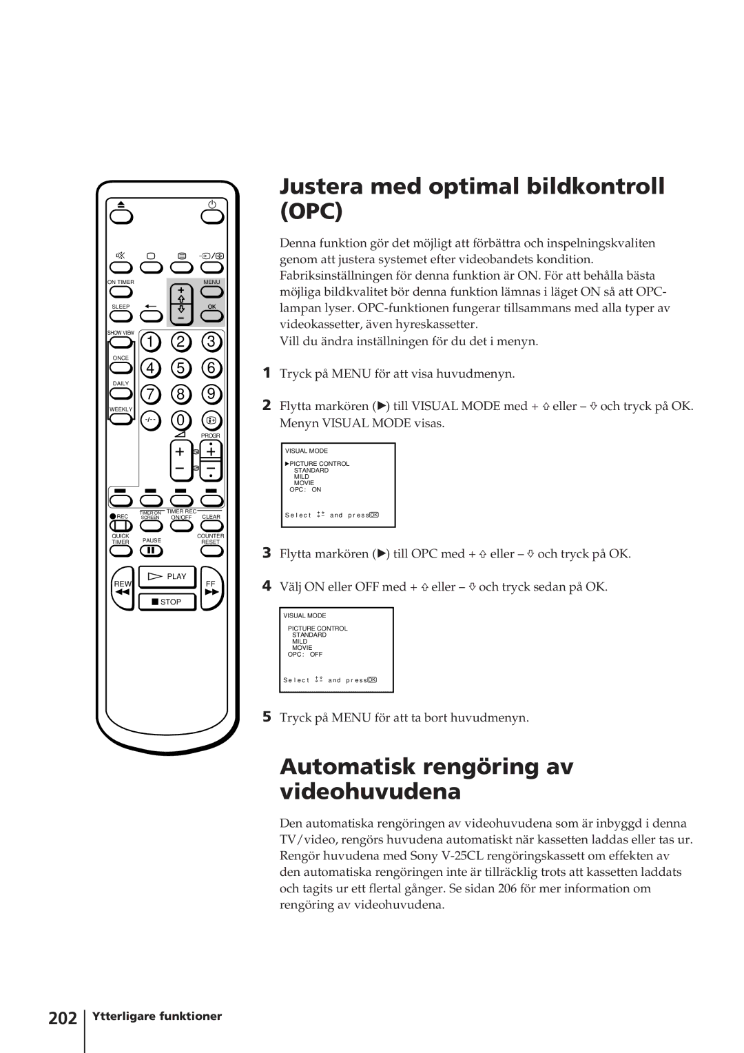 Sony KV-14V4D operating instructions Automatisk rengöring av videohuvudena, 202 