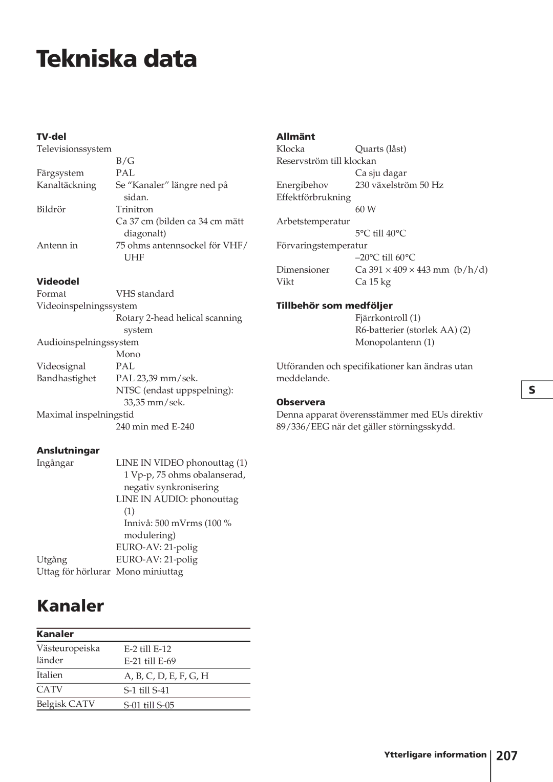 Sony KV-14V4D operating instructions Tekniska data, Kanaler, 207 