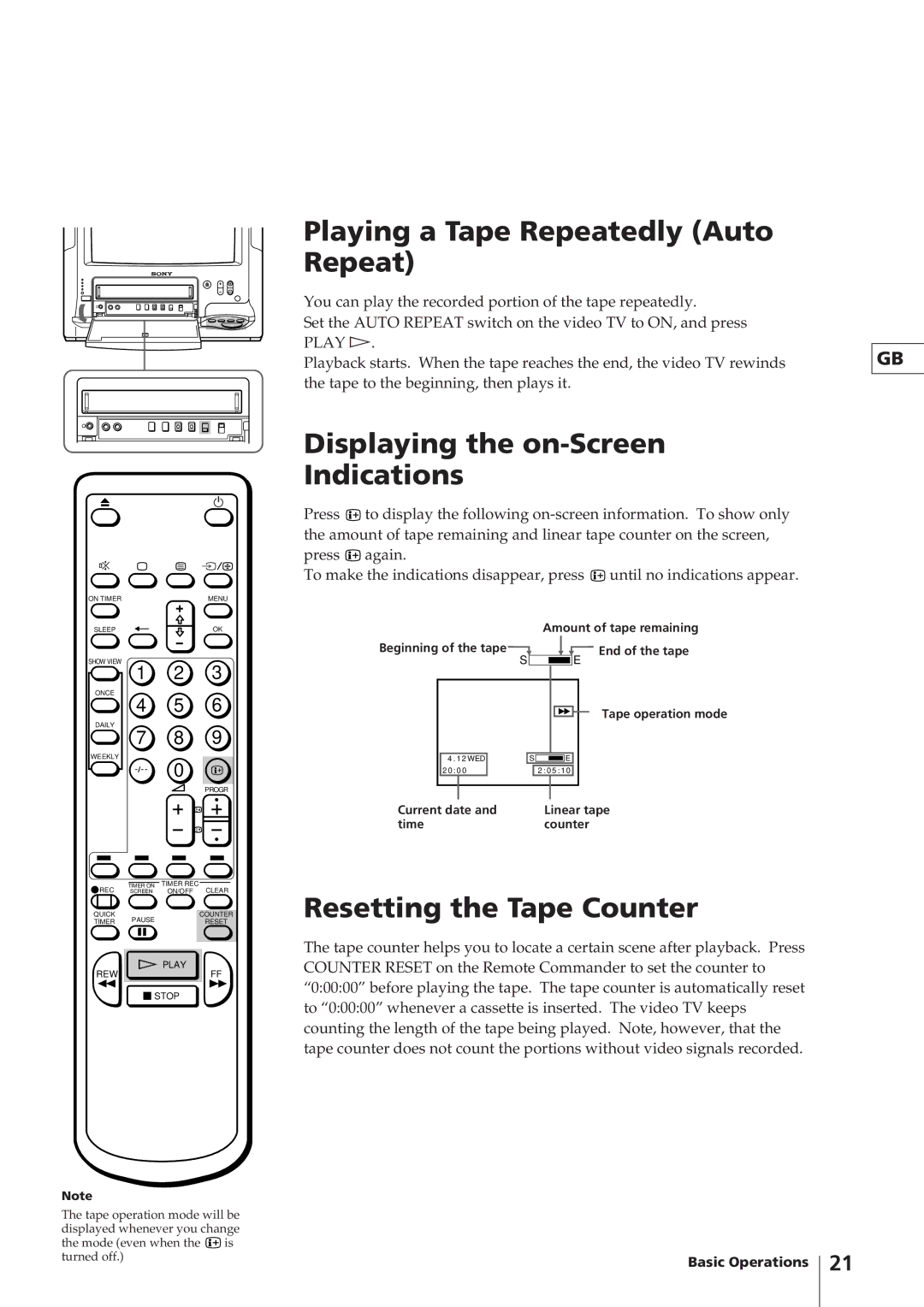 Sony KV-14V4D Playing a Tape Repeatedly Auto Repeat, Displaying the on-Screen Indications, Resetting the Tape Counter 