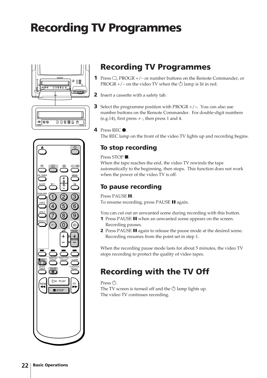 Sony KV-14V4D Recording TV Programmes, Recording with the TV Off, To stop recording, To pause recording 