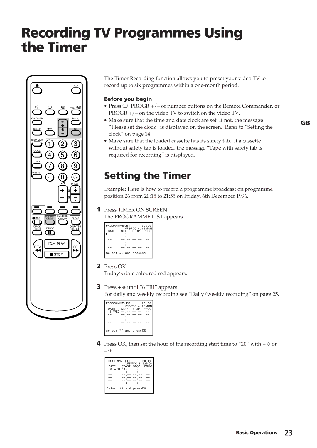 Sony KV-14V4D operating instructions Recording TV Programmes Using the Timer, Setting the Timer, Before you begin 