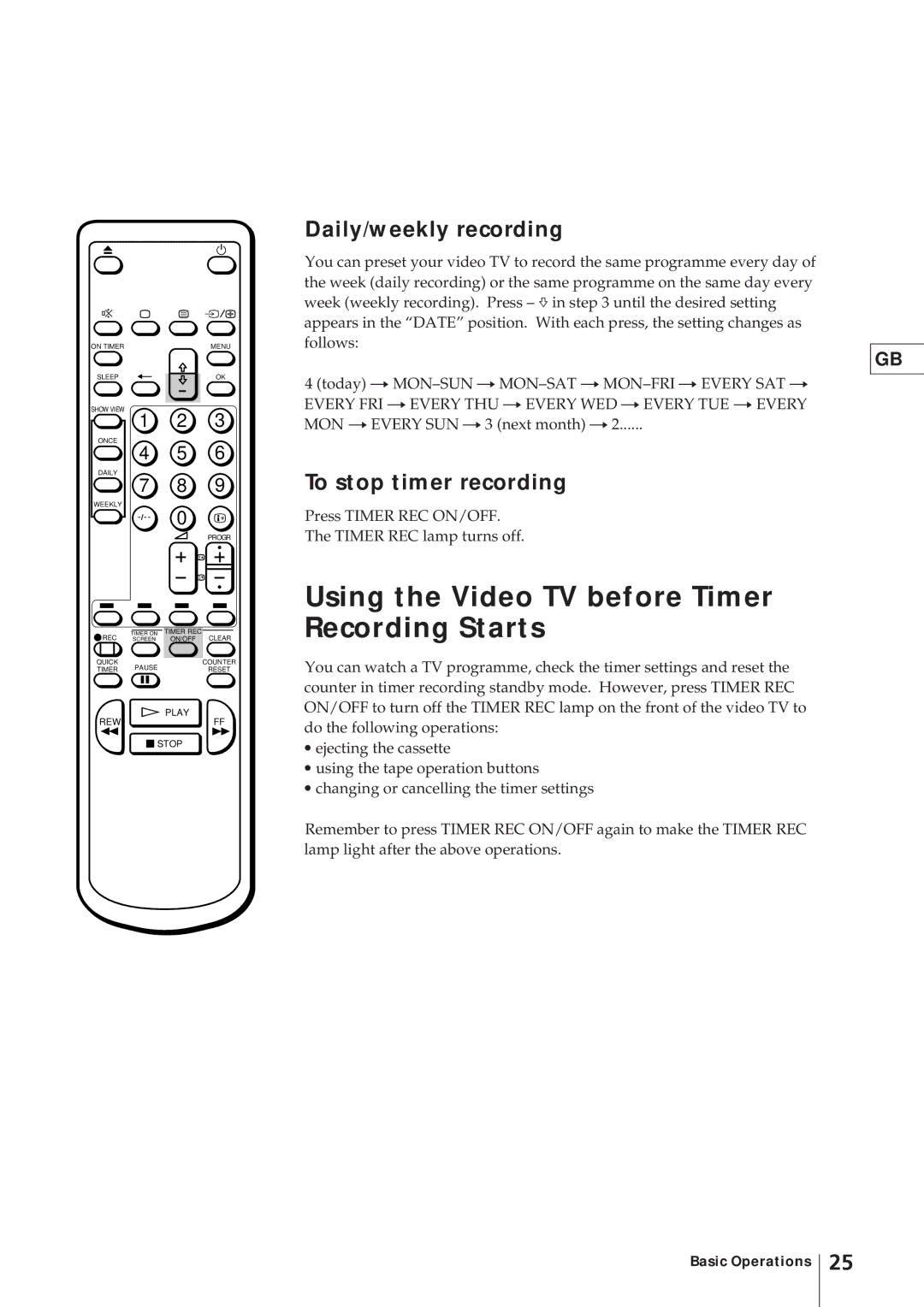 Sony KV-14V4D Using the Video TV before Timer Recording Starts, Daily/weekly recording, To stop timer recording 