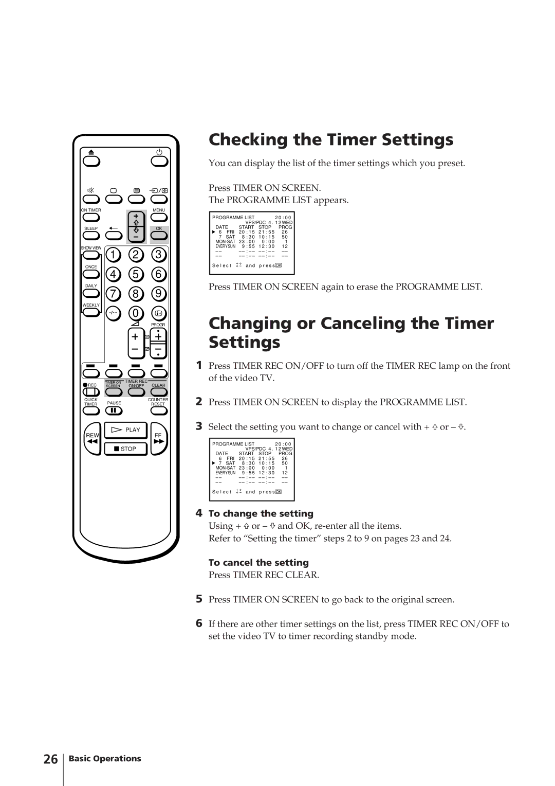 Sony KV-14V4D operating instructions Checking the Timer Settings, Changing or Canceling the Timer Settings 