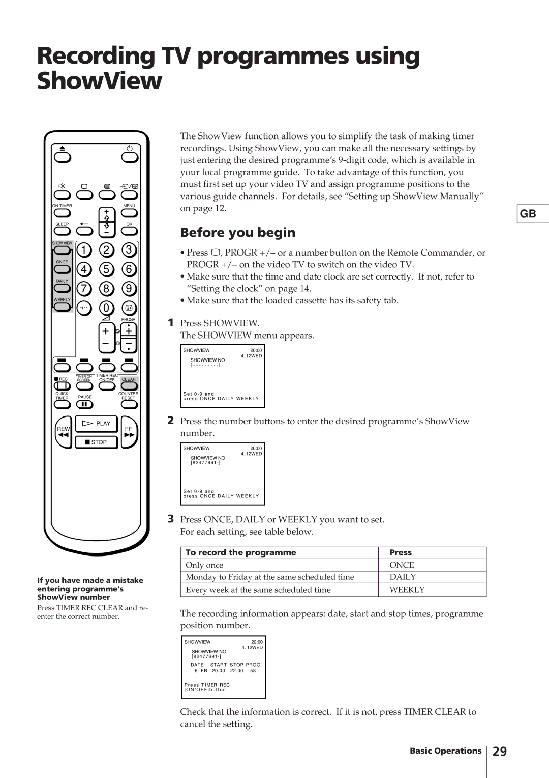 Sony KV-14V4D operating instructions Recording TV programmes using ShowView, To record the programme Press 