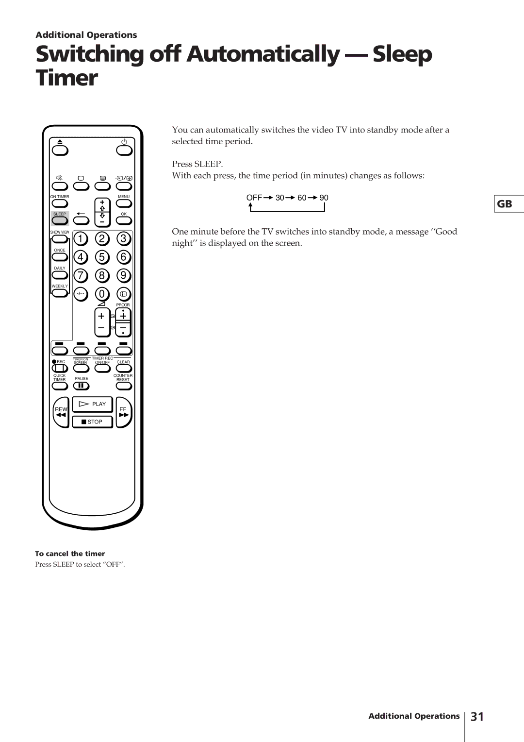 Sony KV-14V4D operating instructions Switching off Automatically Sleep Timer, Additional Operations 