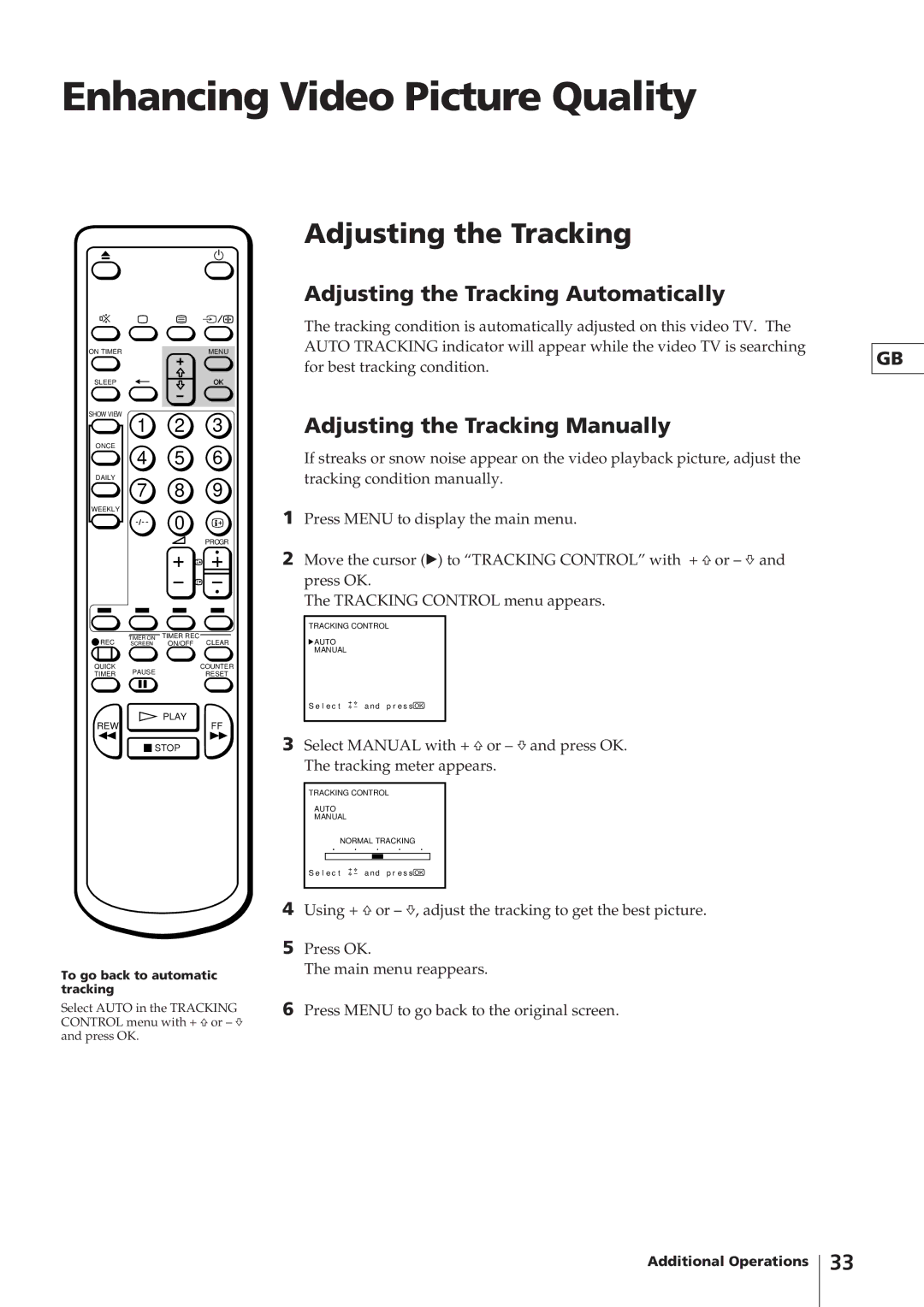 Sony KV-14V4D Enhancing Video Picture Quality, Adjusting the Tracking Automatically, Adjusting the Tracking Manually 