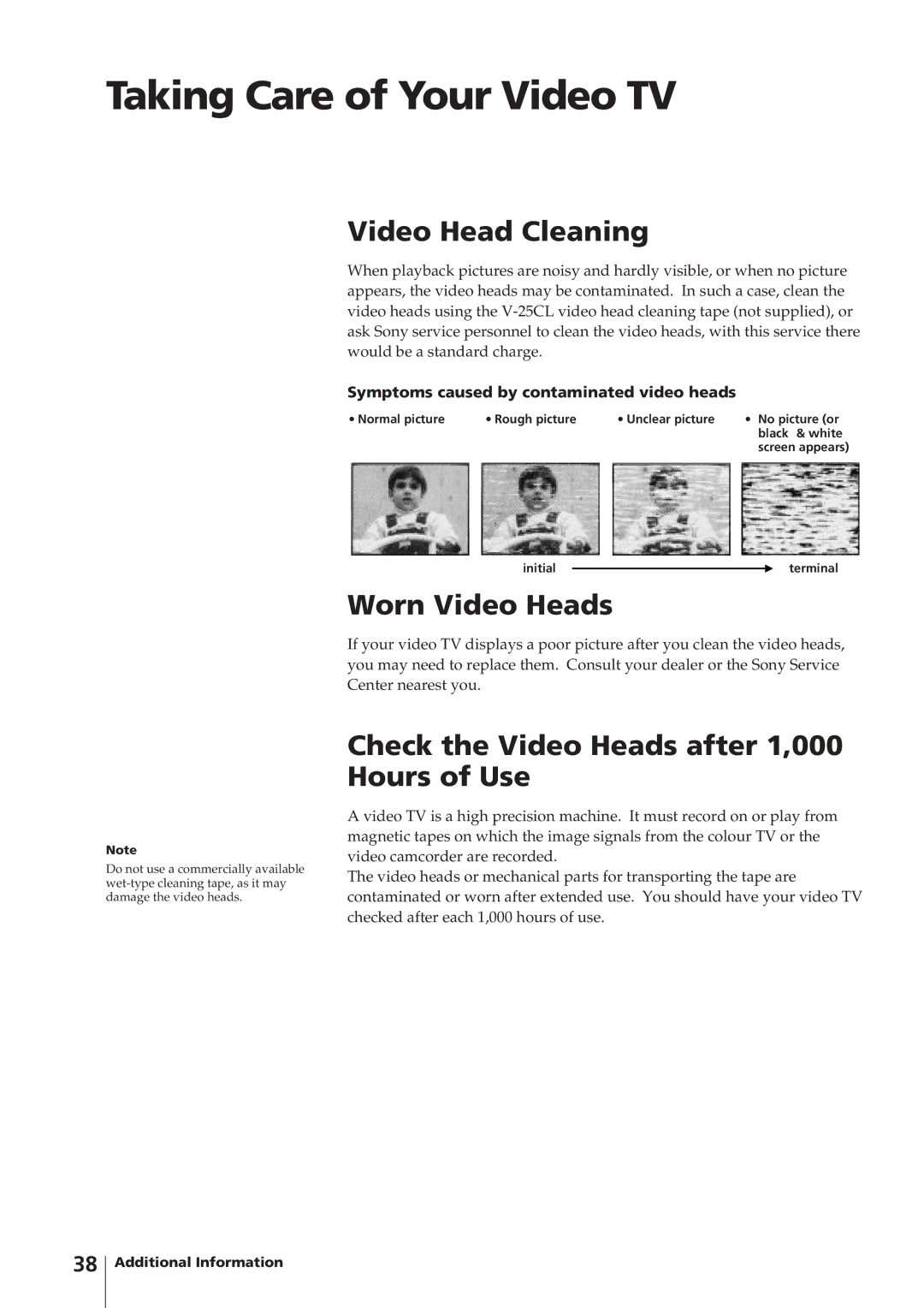 Sony KV-14V4D operating instructions Taking Care of Your Video TV, Video Head Cleaning, Worn Video Heads 