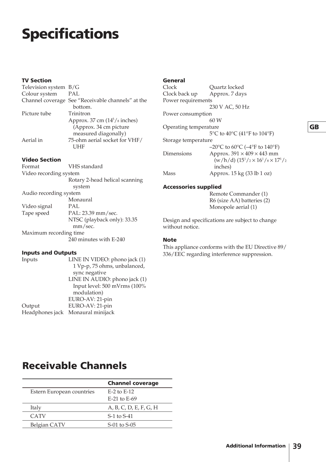 Sony KV-14V4D operating instructions Specifications, Receivable Channels 