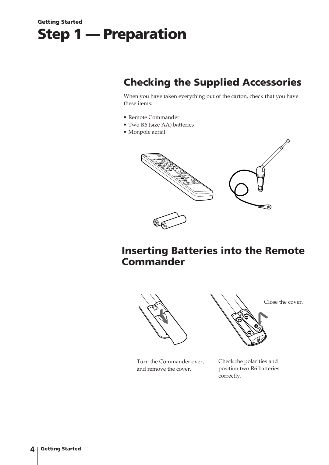 Sony KV-14V4D Preparation, Checking the Supplied Accessories, Inserting Batteries into the Remote Commander 