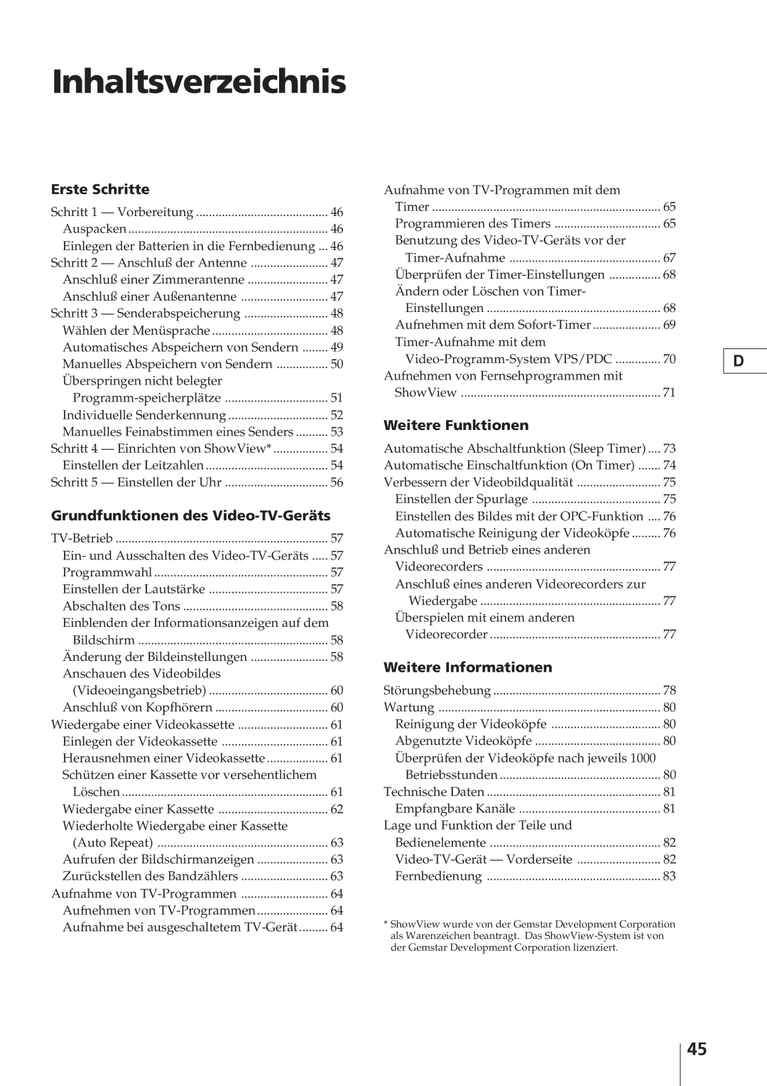 Sony KV-14V4D operating instructions Inhaltsverzeichnis, Erste Schritte 