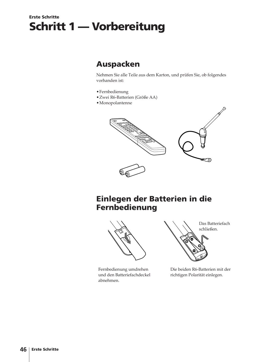 Sony KV-14V4D Schritt 1 Vorbereitung, Auspacken, Einlegen der Batterien in die Fernbedienung, Erste Schritte 