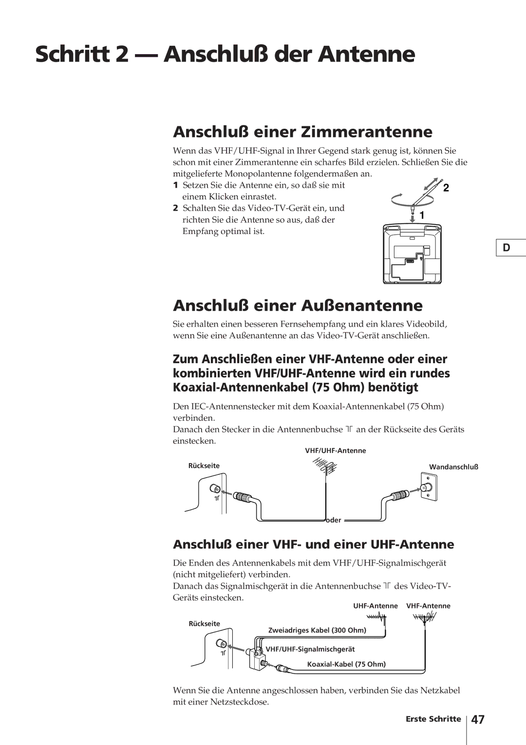 Sony KV-14V4D Schritt 2 Anschluß der Antenne, Anschluß einer Zimmerantenne, Anschluß einer Außenantenne 