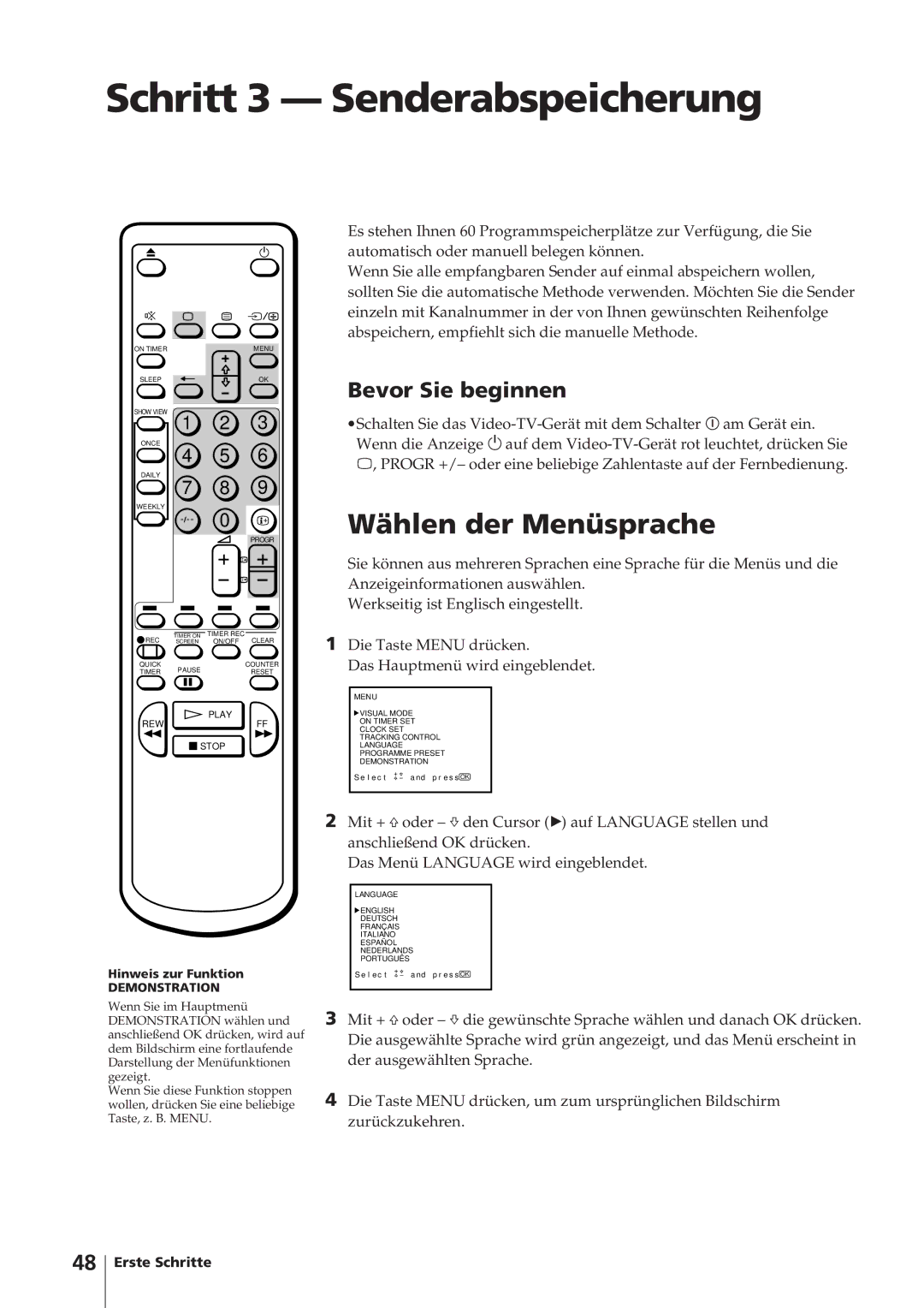 Sony KV-14V4D operating instructions Schritt 3 Senderabspeicherung, Wählen der Menüsprache, Bevor Sie beginnen 