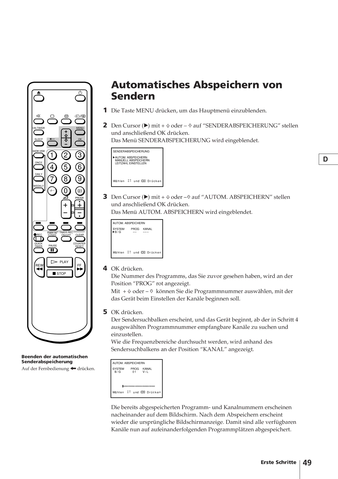 Sony KV-14V4D operating instructions Automatisches Abspeichern von Sendern 