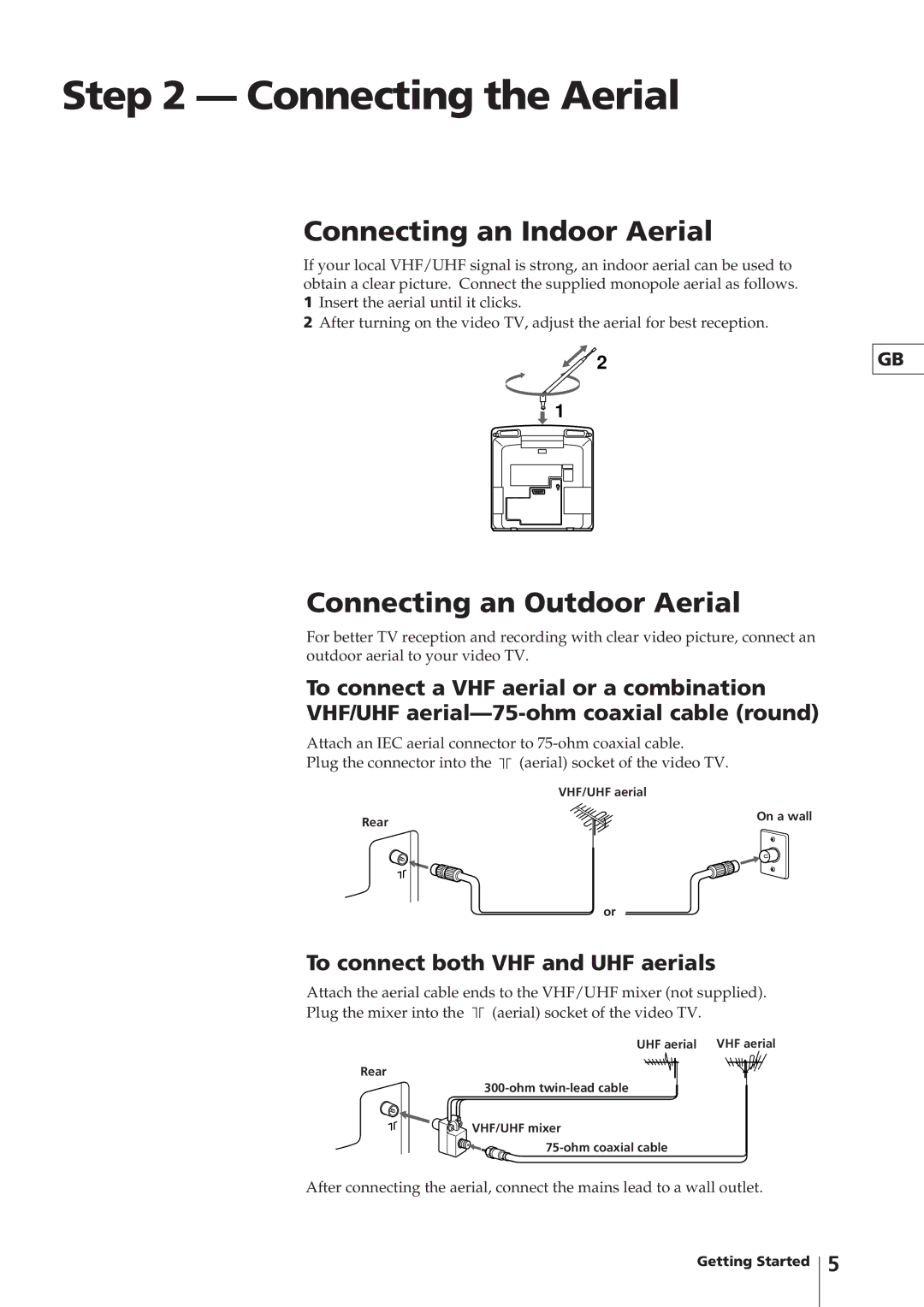 Sony KV-14V4D operating instructions Connecting the Aerial, Connecting an Indoor Aerial, Connecting an Outdoor Aerial 