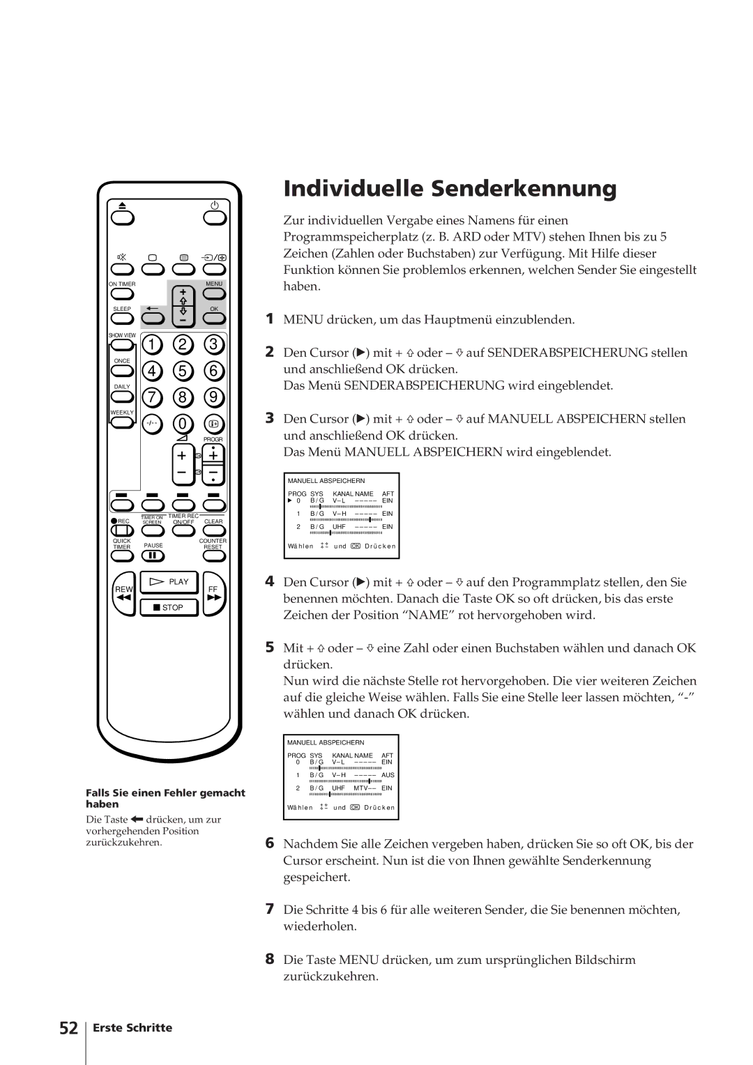 Sony KV-14V4D operating instructions Progr Manuell Abspeichern Prog SYS Kanal Name 