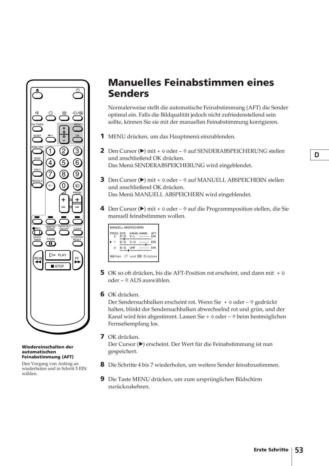 Sony KV-14V4D operating instructions Wiedereinschalten der automatischen Feinabstimmung AFT 