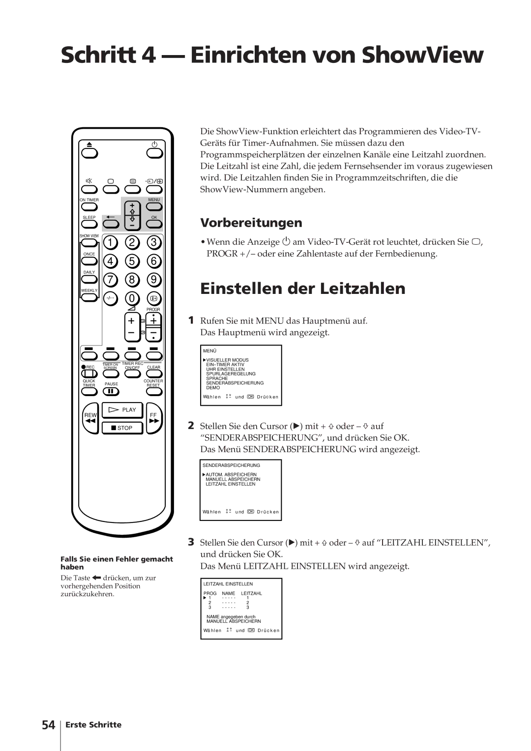 Sony KV-14V4D operating instructions Schritt 4 Einrichten von ShowView, Einstellen der Leitzahlen, Vorbereitungen 