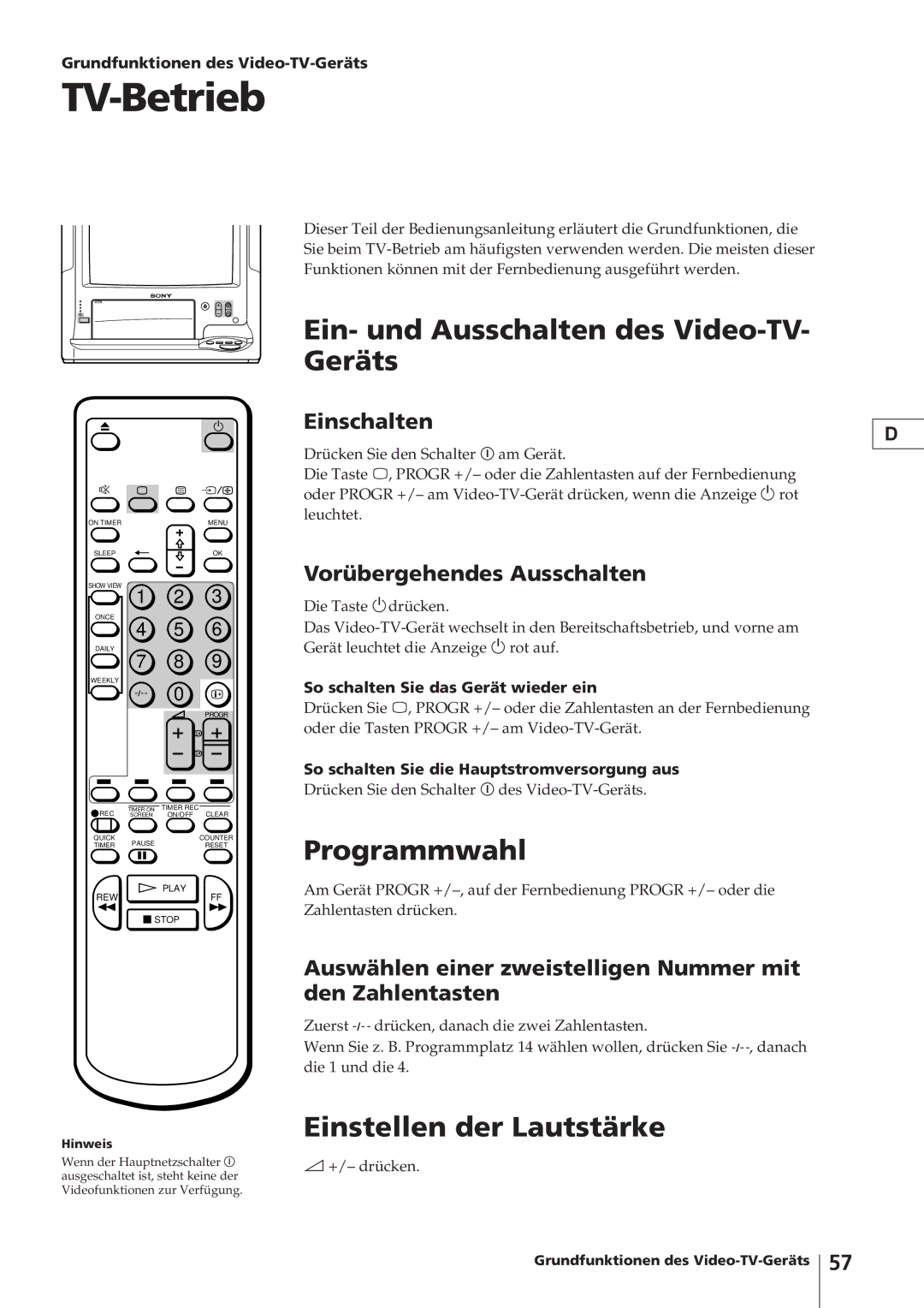 Sony KV-14V4D TV-Betrieb, Ein- und Ausschalten des Video-TV- Geräts, Programmwahl, Einstellen der Lautstärke 