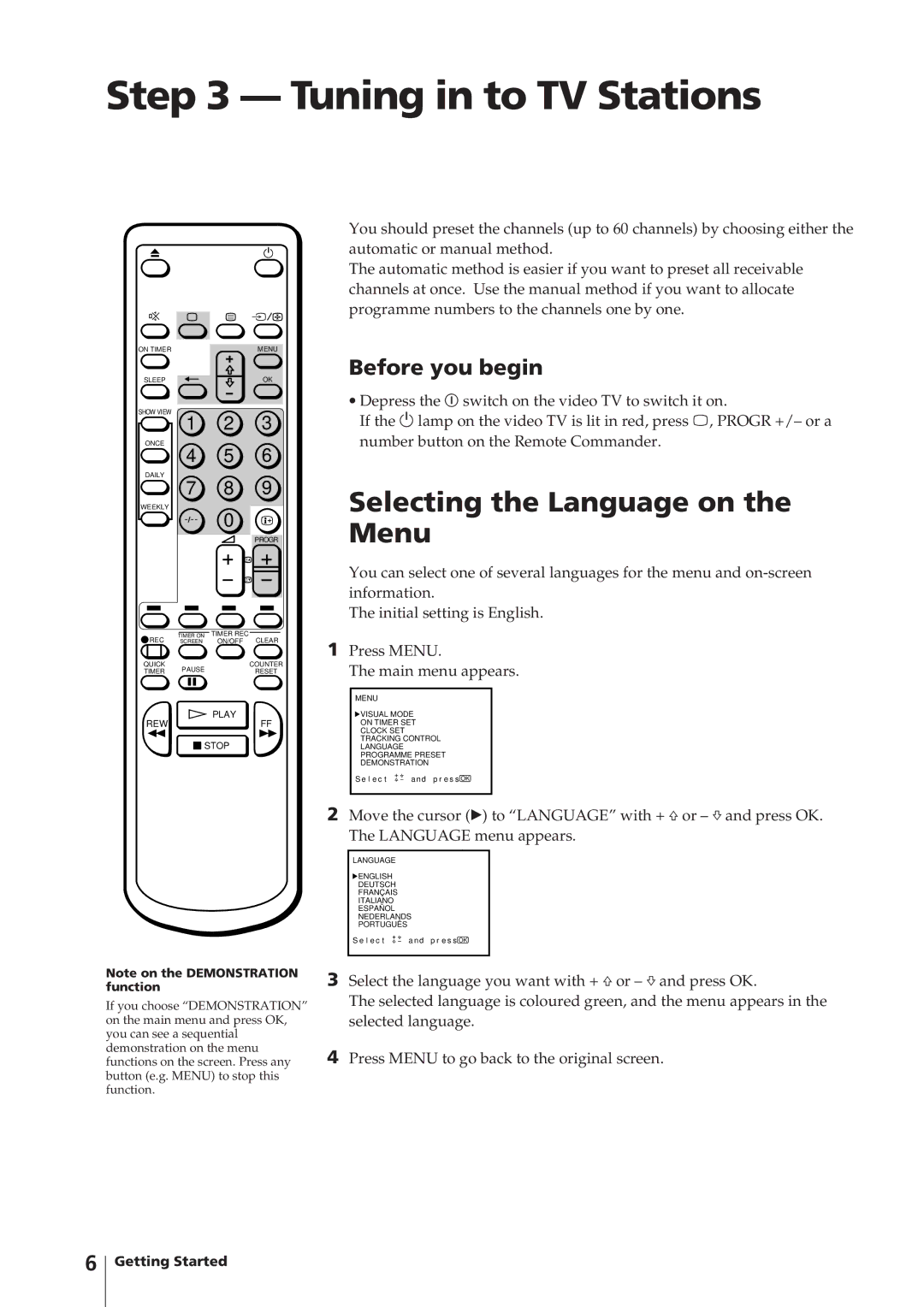 Sony KV-14V4D operating instructions Tuning in to TV Stations, Selecting the Language on the Menu, Before you begin 