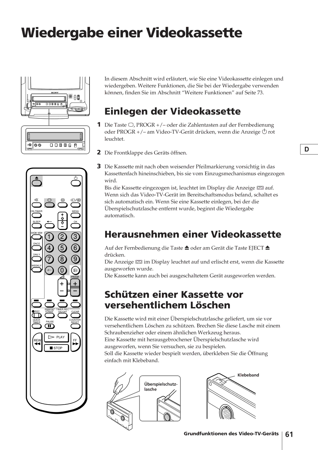 Sony KV-14V4D Wiedergabe einer Videokassette, Einlegen der Videokassette, Herausnehmen einer Videokassette 