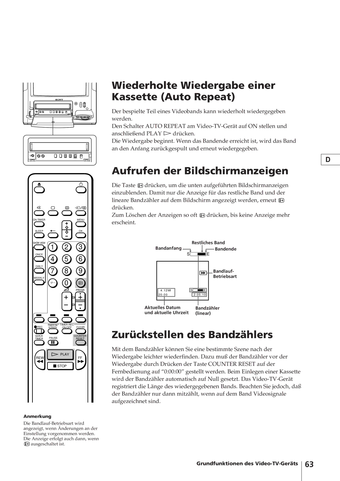 Sony KV-14V4D operating instructions Wiederholte Wiedergabe einer Kassette Auto Repeat, Aufrufen der Bildschirmanzeigen 