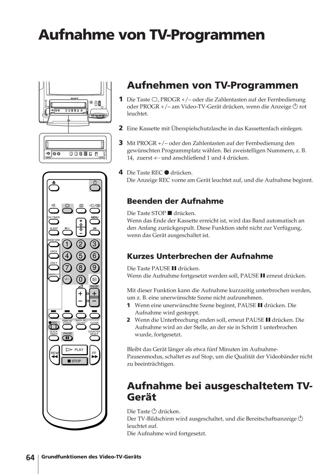 Sony KV-14V4D Aufnahme von TV-Programmen, Aufnehmen von TV-Programmen, Aufnahme bei ausgeschaltetem TV- Gerät 