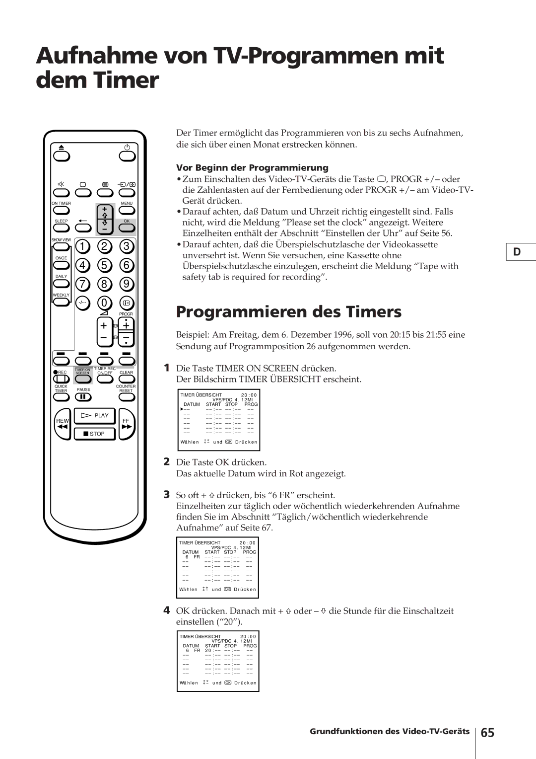 Sony KV-14V4D Aufnahme von TV-Programmen mit dem Timer, Programmieren des Timers, Vor Beginn der Programmierung 