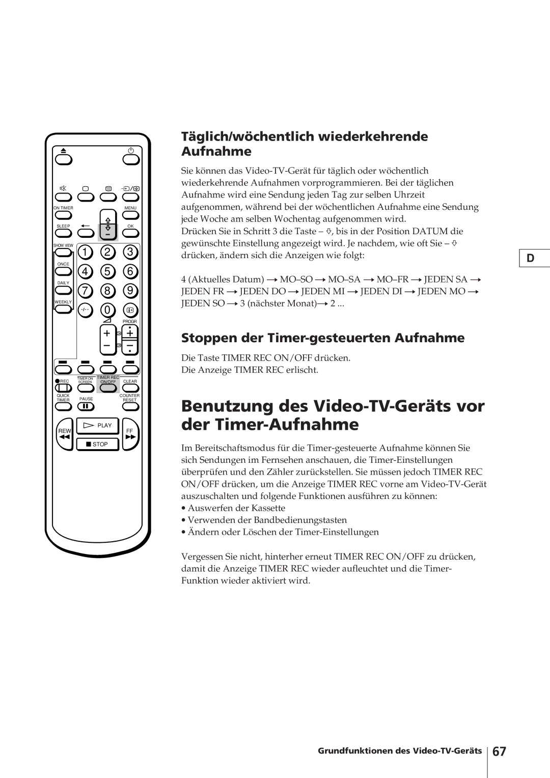 Sony KV-14V4D Benutzung des Video-TV-Geräts vor der Timer-Aufnahme, Täglich/wöchentlich wiederkehrende Aufnahme 