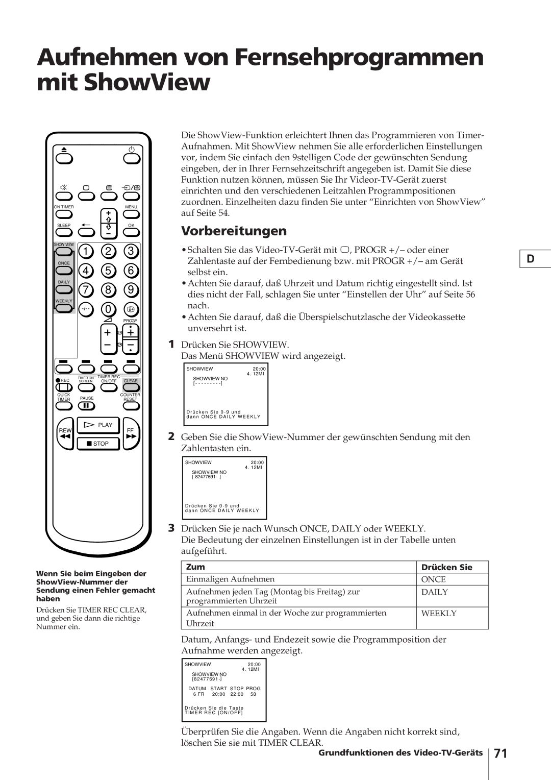 Sony KV-14V4D operating instructions Aufnehmen von Fernsehprogrammen mit ShowView, Zum Drücken Sie 