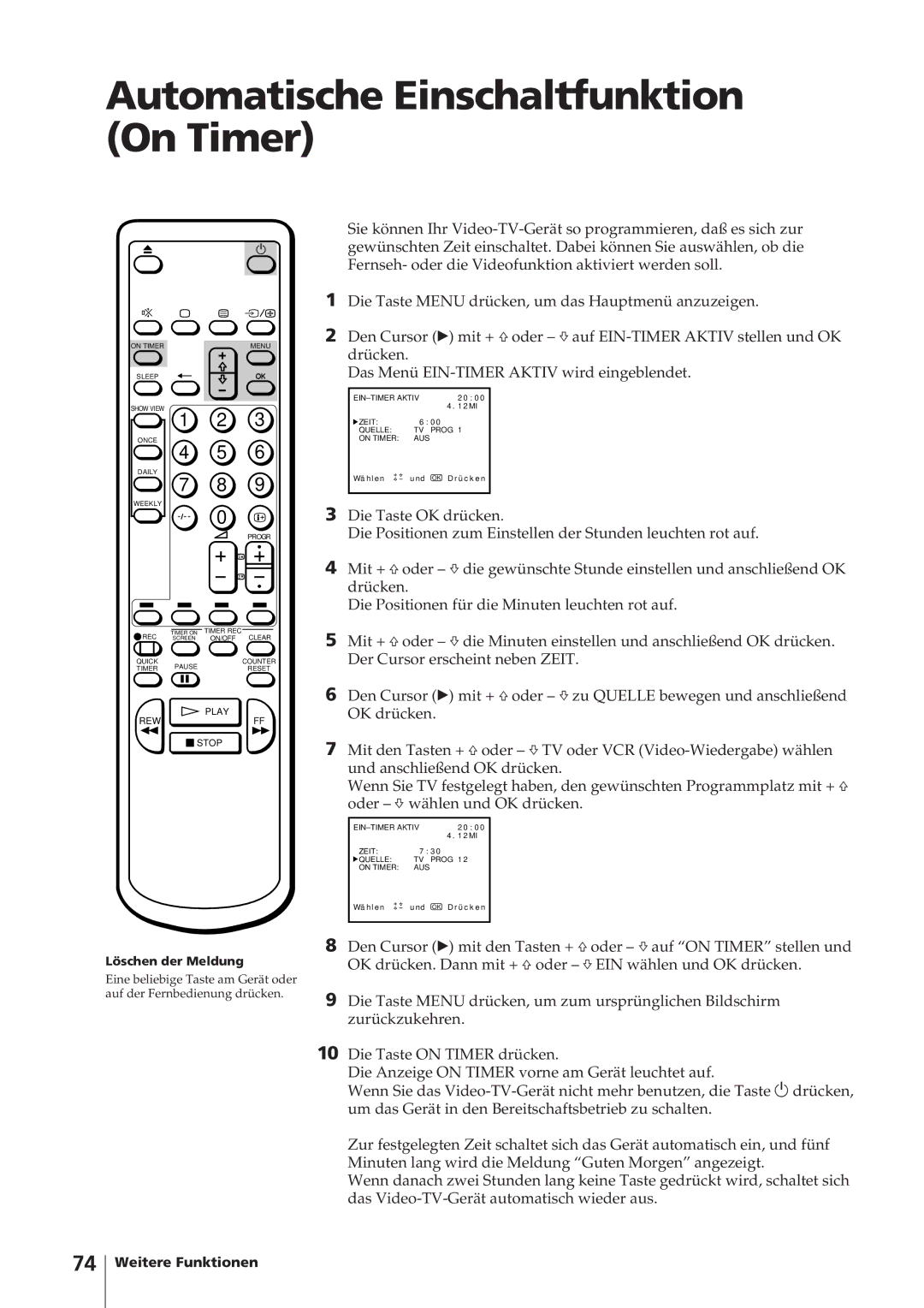 Sony KV-14V4D Automatische Einschaltfunktion On Timer, WeitereGrundfunktionenFunktionendes Video-TV-Geräts 