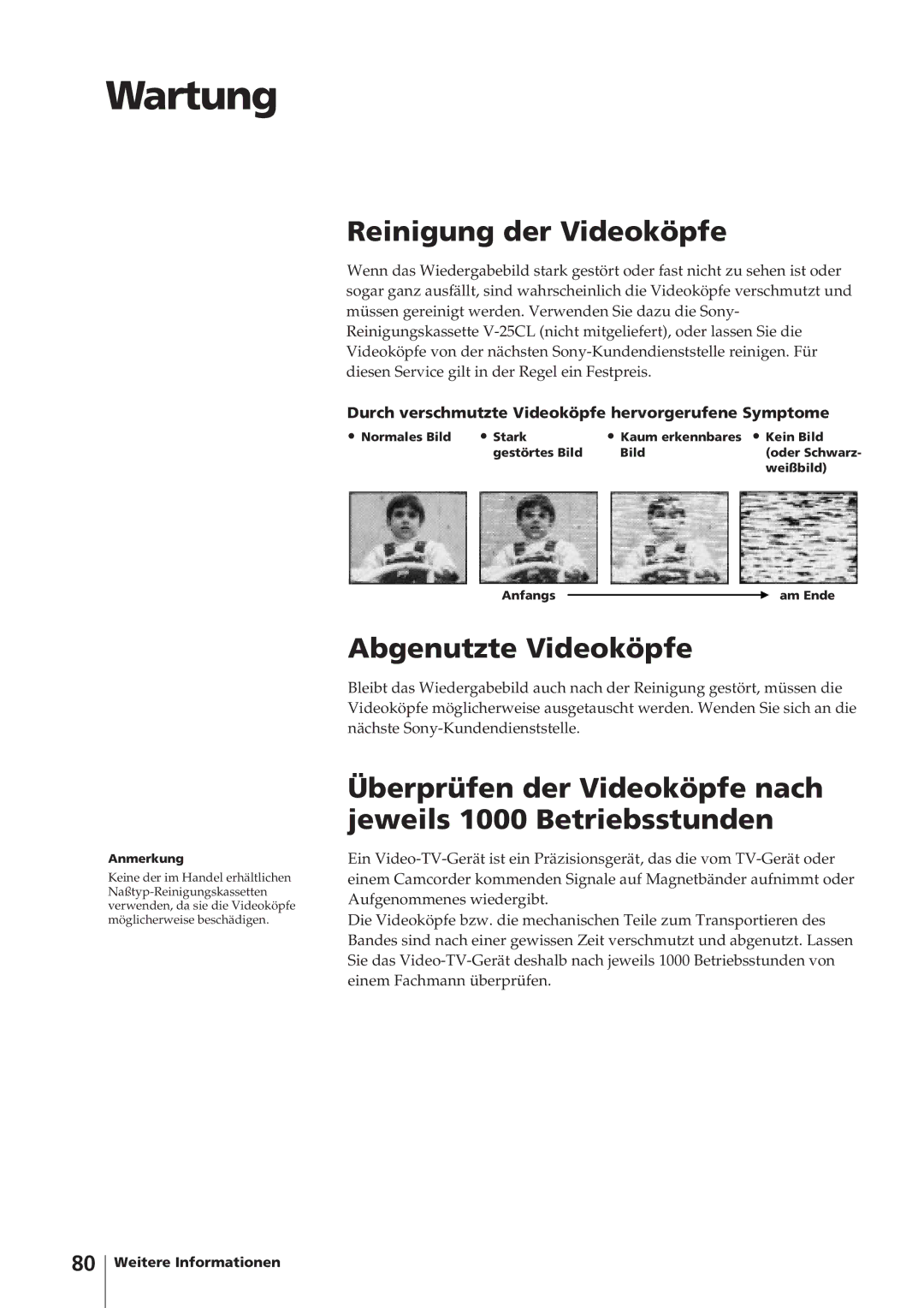 Sony KV-14V4D operating instructions Wartung, Reinigung der Videoköpfe, Abgenutzte Videoköpfe 