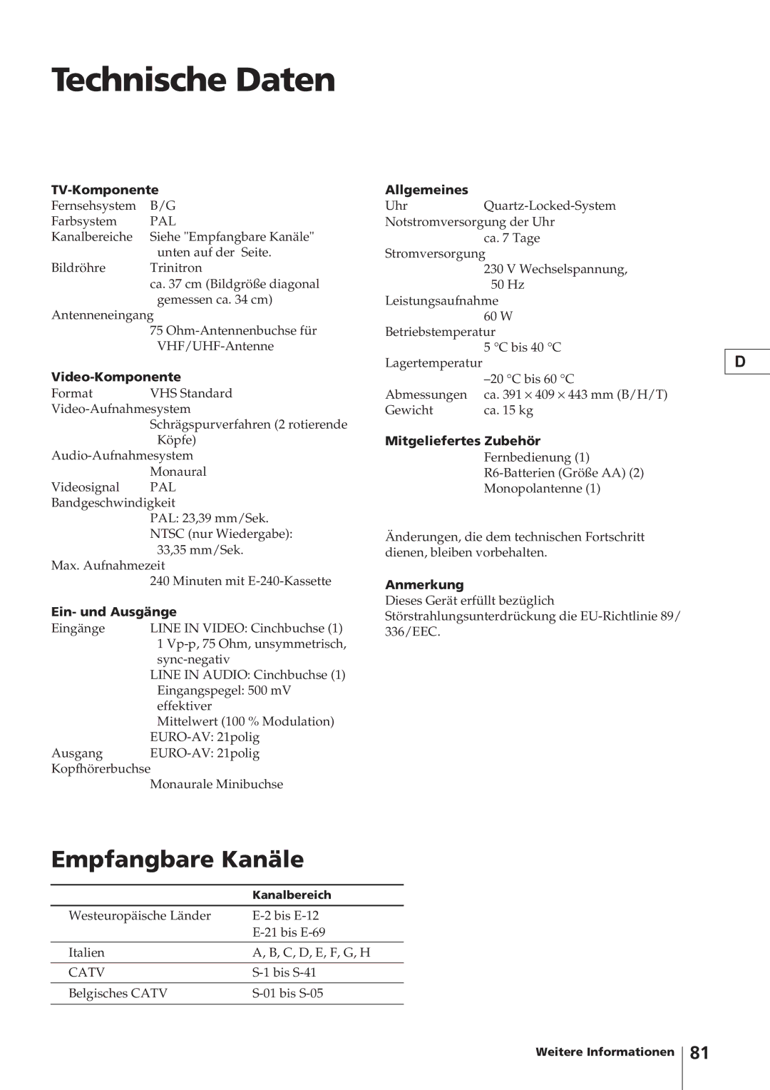 Sony KV-14V4D operating instructions Technische Daten, Empfangbare Kanäle 