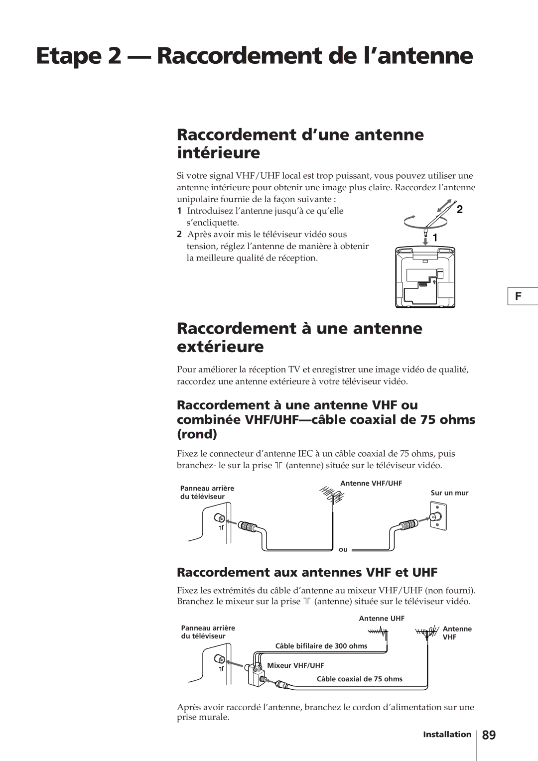 Sony KV-14V4D operating instructions Etape 2 Raccordement de l’antenne, Raccordement d’une antenne intérieure 