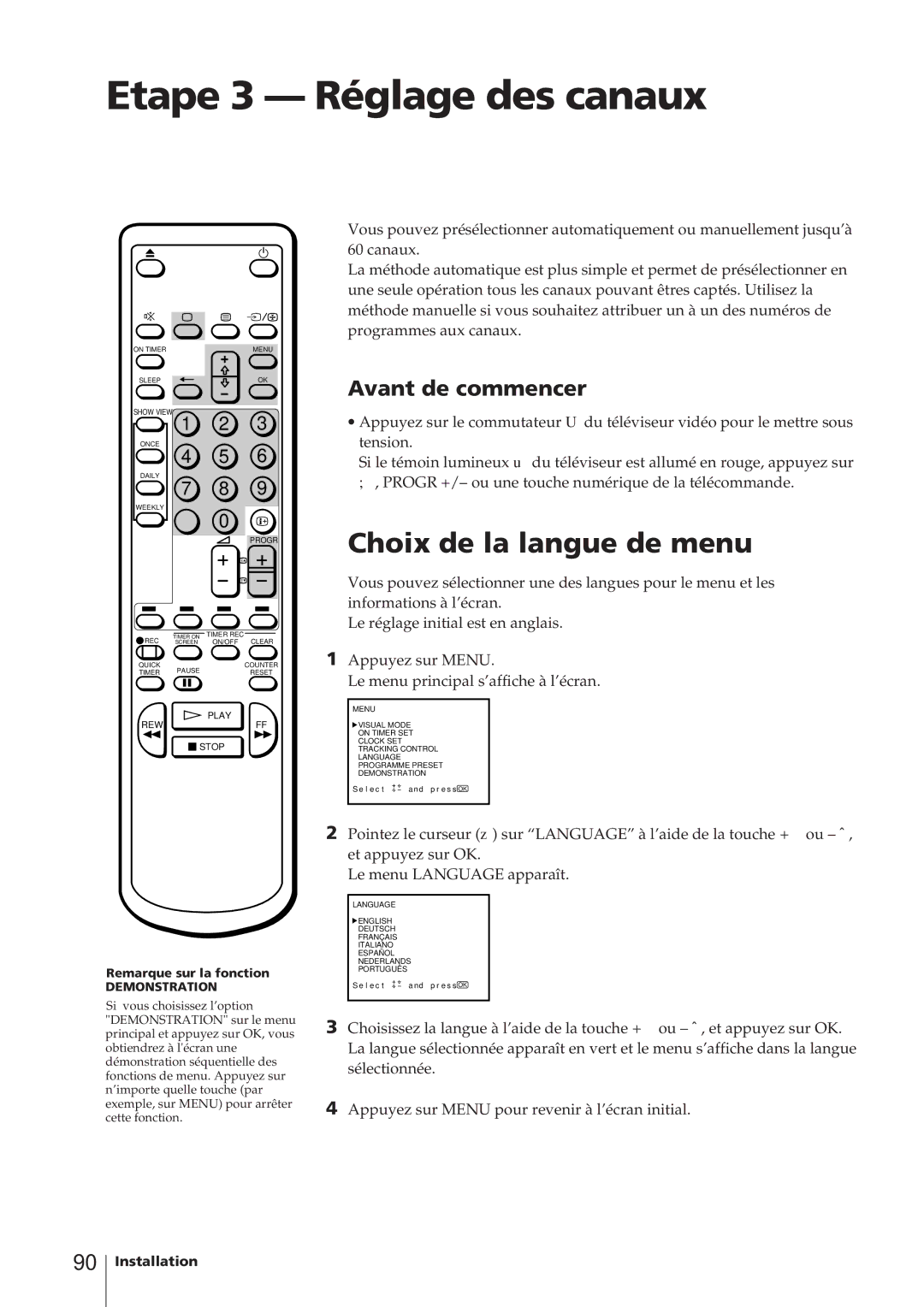 Sony KV-14V4D operating instructions Etape 3 Réglage des canaux, Choix de la langue de menu, Avant de commencer 